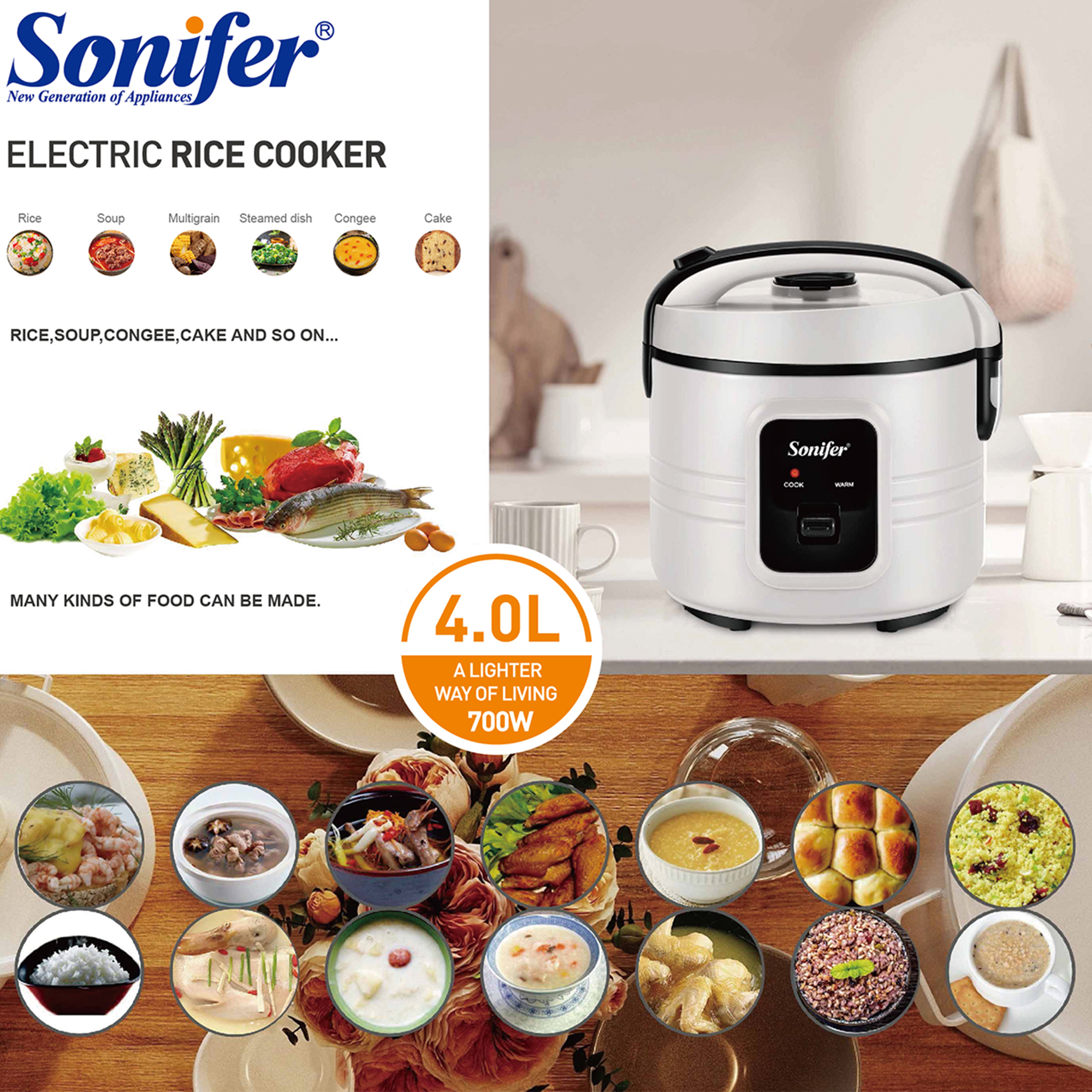 New Kitchen 4L 700W White Electric Rice Cooker with Automatic Switch