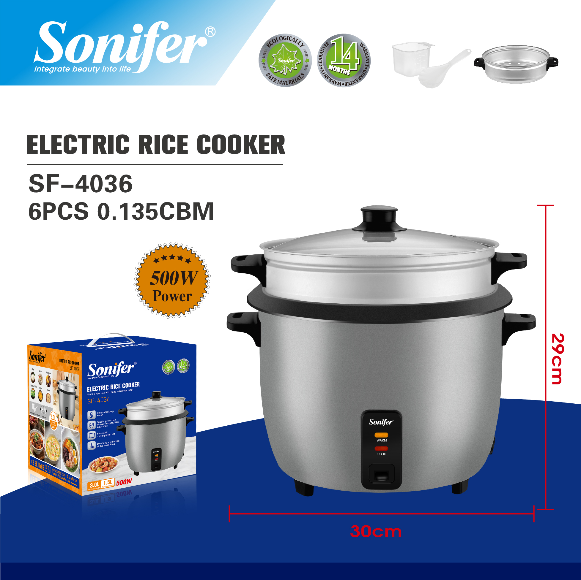 3L 500W Electric Rice Cooker with Steamer